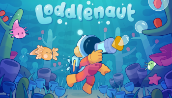 Loddlenaut key art showcasing logo, protagonist in diving suit armed with a bubble gun, and a colourful underwater scene with lots of loddle creatures